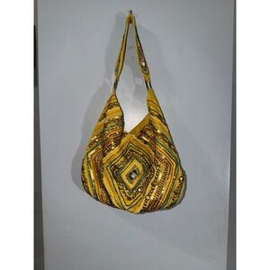 Vintage Nine West yellow canvas hobo bag sequin seed bead embellishment large